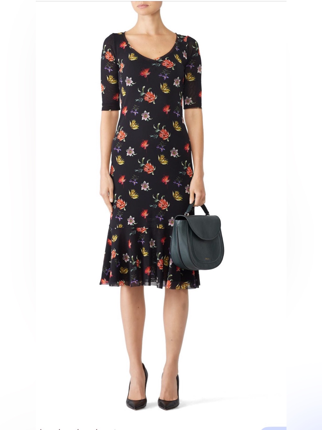 Fuzzi~Black Floral Midi Dress With V-Neck And Fluted Hem~Size S~$440~